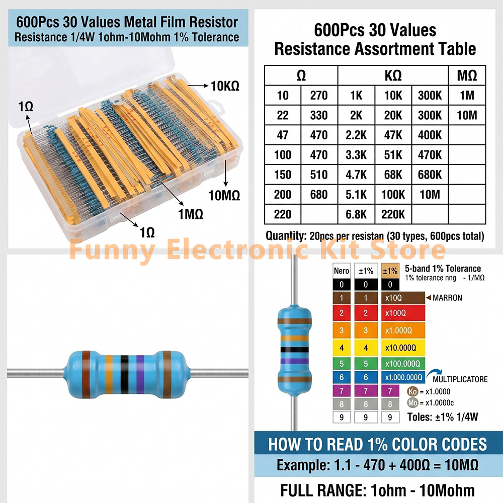 600 Pcs Assorted Metal Film Re - огляд і ціна Resistor Kit 1 4W