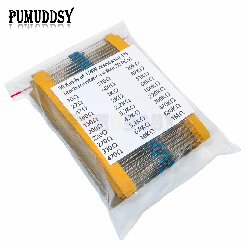 600pcs/set 30 Kinds 1/4W Resis - огляд і ціна Resistor Kit 1 4W